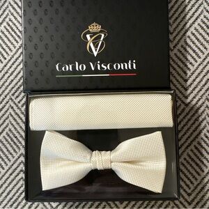 Carlo Visconti New Mens Cream Bow Tie and Pocket Scarf